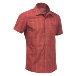 Chemise De Trekking Voyage TRAVEL 100 Carreaux Manches Courtes Rouge Homme